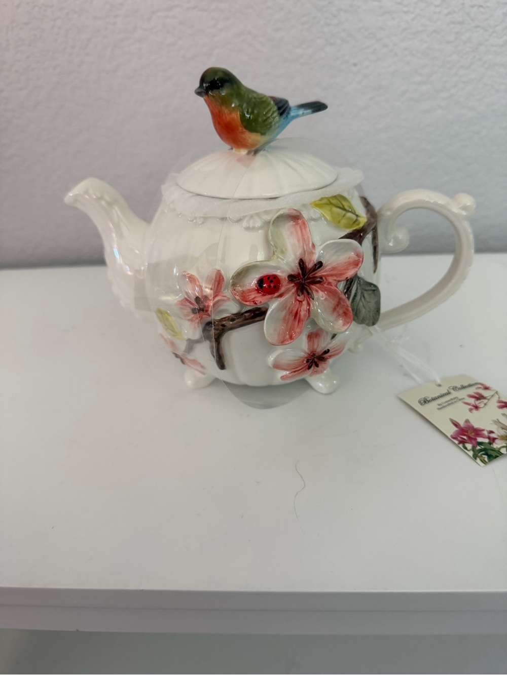 Ceramic Floral Teapot with Bird Lid - Pink, Green, Blue - Picture 3 of 3